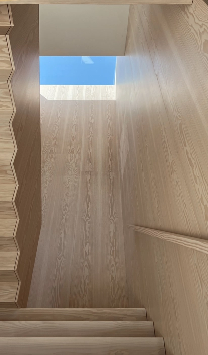 Totalløsning for indretning af hjem med trappe opgang fuld beklædt med træ douglas på trappetrin gelænder og vægge helt op til ovenlysvindue  
