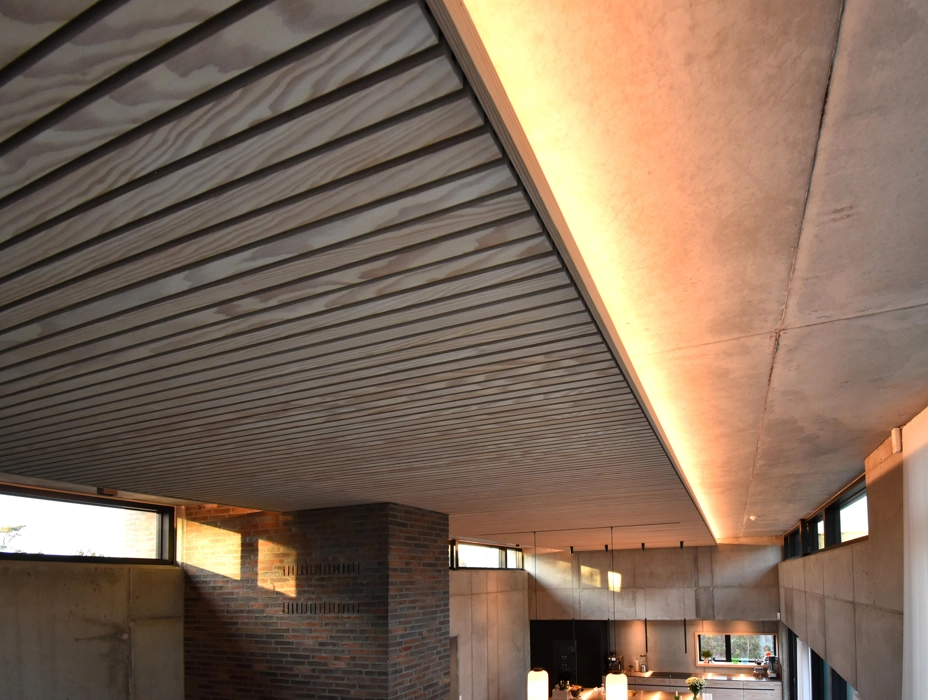Douglas listeloft i med indbygget lys, beton hus med design listeloft i træ akustikløsning med lister
