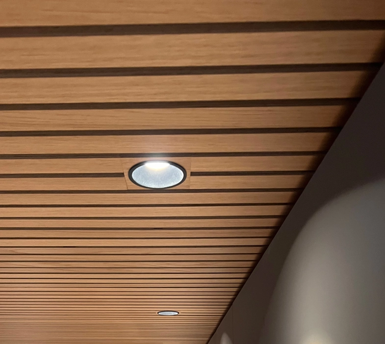 egetræloft med lister som en eksklusiv løsning med monteret uden synlig montage med wood-click og sort indbygningsspots