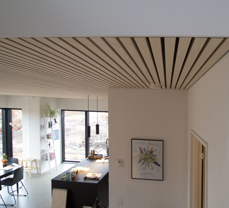 listeloft plant med loft, akustik lameller i loft i ask med sort akustik dug
